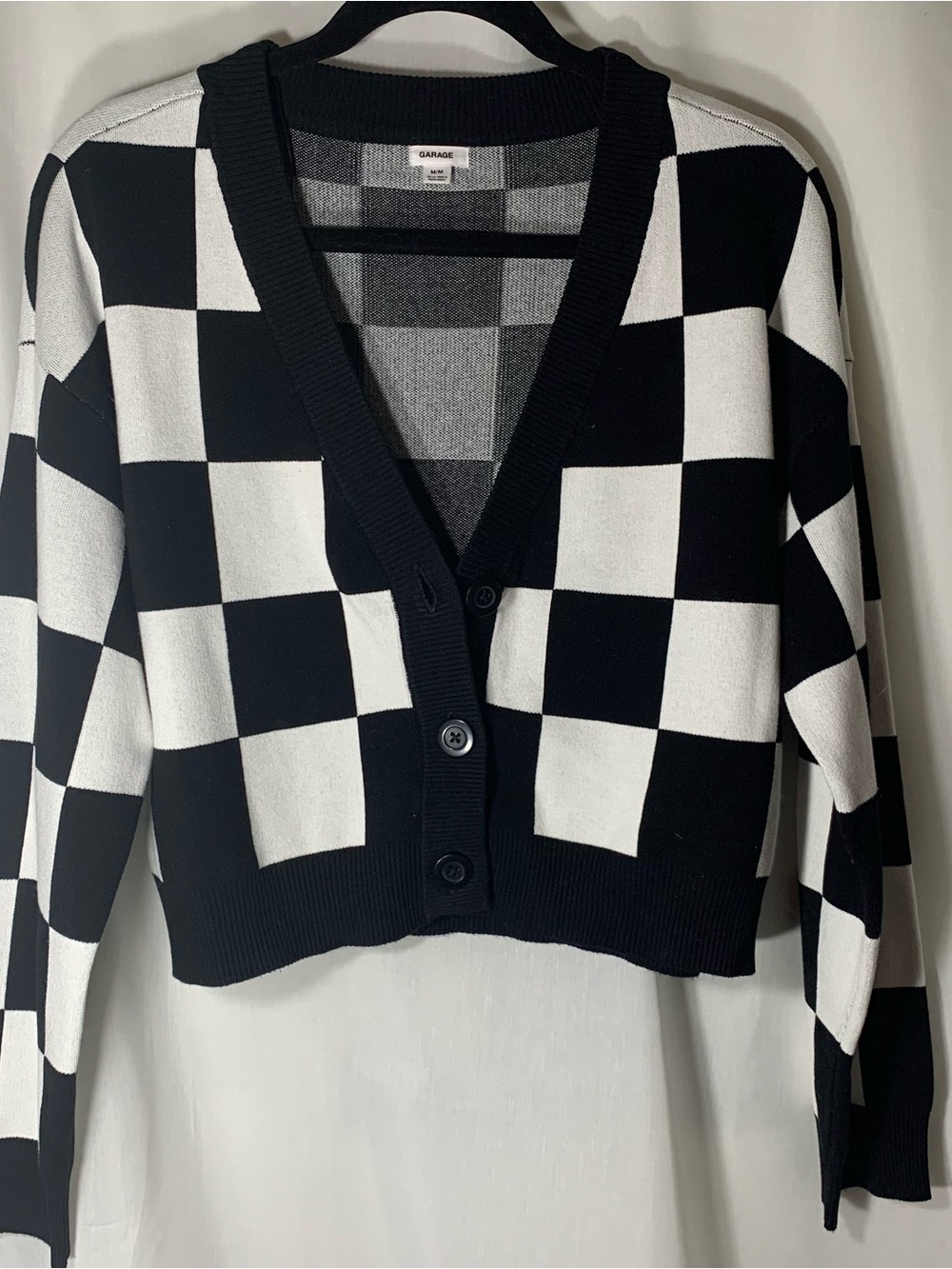 Garage Black and White Checkerboard V-Neck Cardigan - Picture 1 of 5